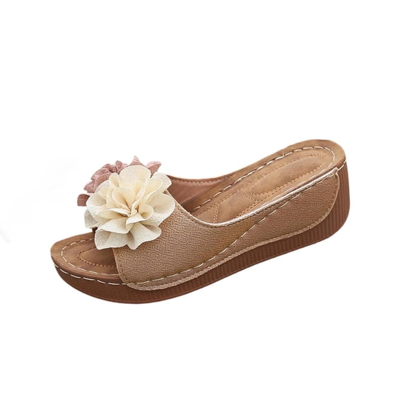 Yyuenw Women Square Toe 3D Flower Wedge Slide Sandals PU Open Toe Slip On Summer Shoes