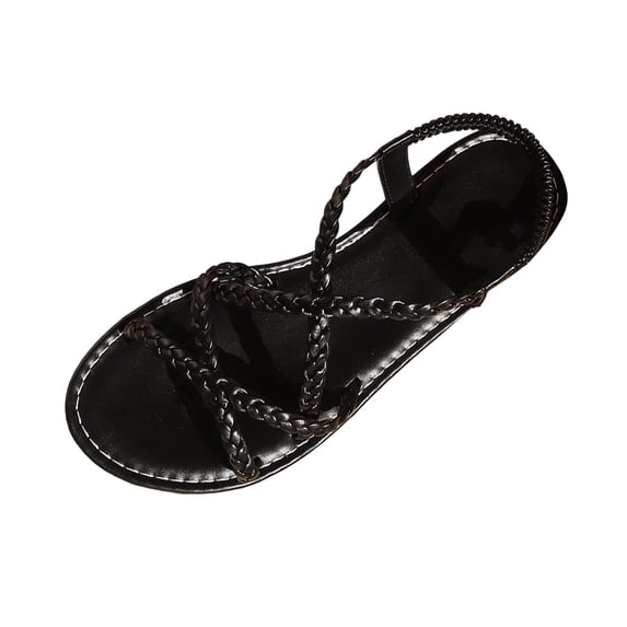 Yyuenw Women Summer PU Flat Sandals Toe Loop Crisscross Straps Ankle Buckle Casual Shoes