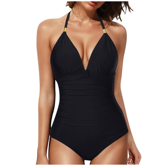 Yyuenw Women's Halter One-Piece Swimsuit, V-Neck with Gold Accent, Ruched Solid Color Bathing Suit