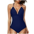 thumbnail image 1 of Yyuenw Women's Halter One-Piece Swimsuit, V-Neck with Gold Accent, Ruched Solid Color Bathing Suit, 1 of 4