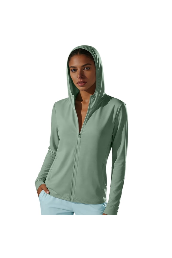 Women's Solid Color Breathable Sun Protection Hoodie, Thin Cooling UPF50+ Full Face Casual Coat with Pockets for Outdoor