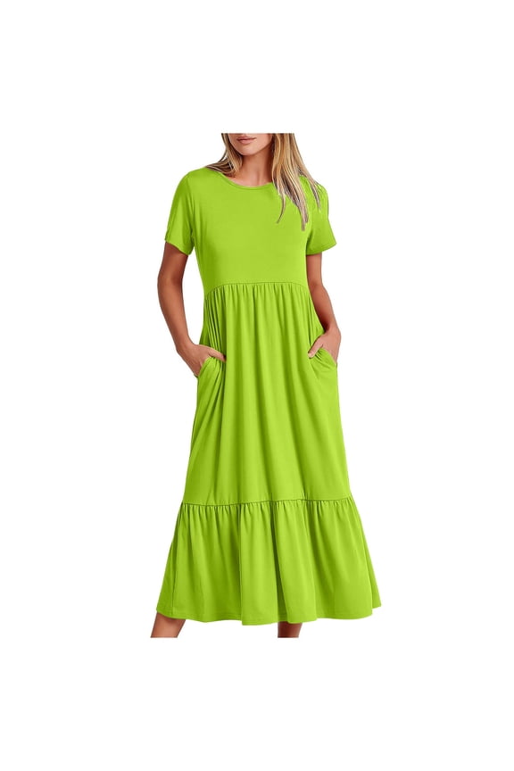 Women's Solid Color Short Sleeve Loose Fit Dress Casual Flowy Tiered Maxi Beach Dress With Pockets