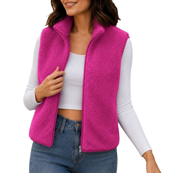 Yyuenw Womens Soft Fuzzy Stand Collar Sherpa Vest Full Zip Sleeveless Cropped Layering Outerwear Fall Winter