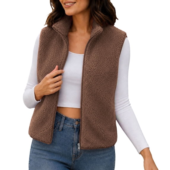 Yyuenw Womens Soft Fuzzy Stand Collar Sherpa Vest Full Zip Sleeveless Cropped Layering Outerwear Fall Winter