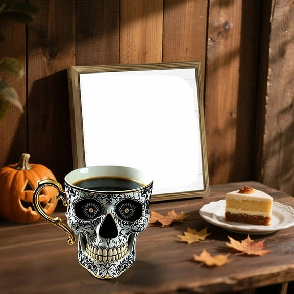 Yzans Gothic Porcelain Skull Coffee Mug Set,Gold Trim Tea Cup with Saucer,Halloween Decor