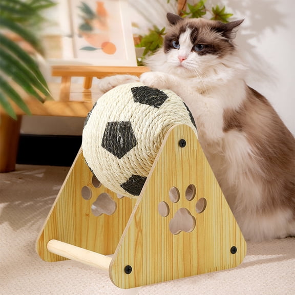 Yzans Sisal Cat Scratching Toy Ball Roller for Cats Entertainment,Wood Base Rotating Wheel Anti Tip Design,No Shedding Sisal Rope,7x7x5in