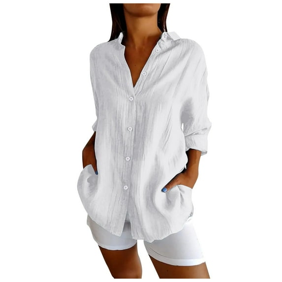Yzengfg Classic Pleated Textured Single Lapel Shirt For Women Summer Lightweight Roll Up Sleeve Button Blouses White