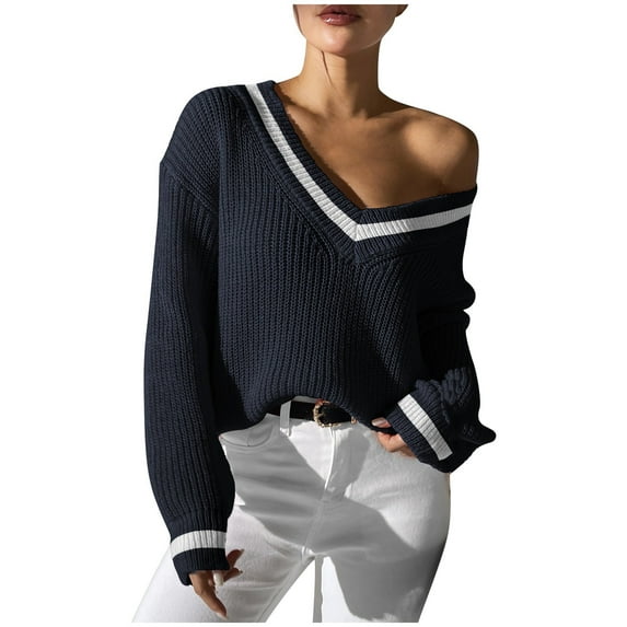 Yzengfg Ladies' College Style Color Block V Neck Sweater Relaxed Fit For Casual Wear Navy