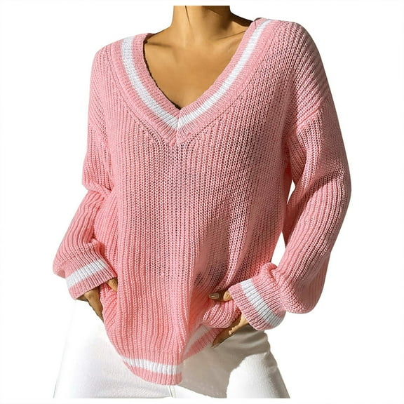 Yzengfg Ladies' College Style Color Block V Neck Sweater Relaxed Fit For Casual Wear Pink