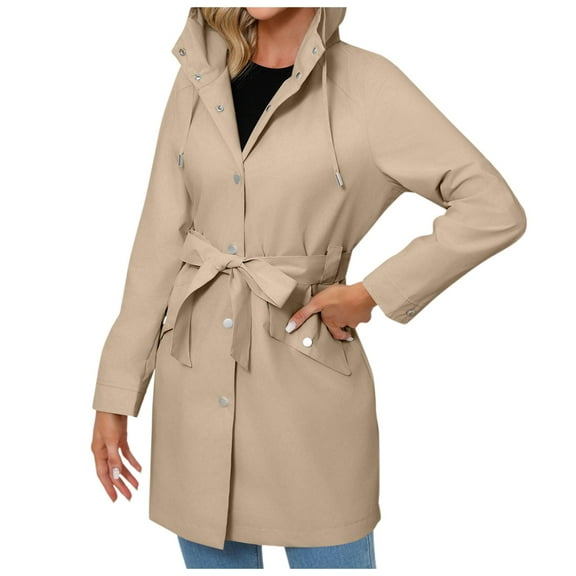 Yzengfg Omen's Detachable Hood Water Windbreaker Women's Solid Color Long Sleeved Thin Coat Beige