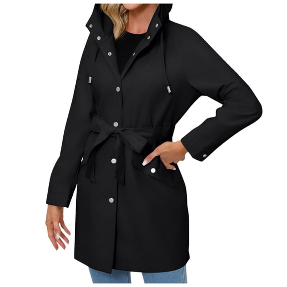 Yzengfg Omen's Detachable Hood Water Windbreaker Women's Solid Color Long Sleeved Thin Coat Black