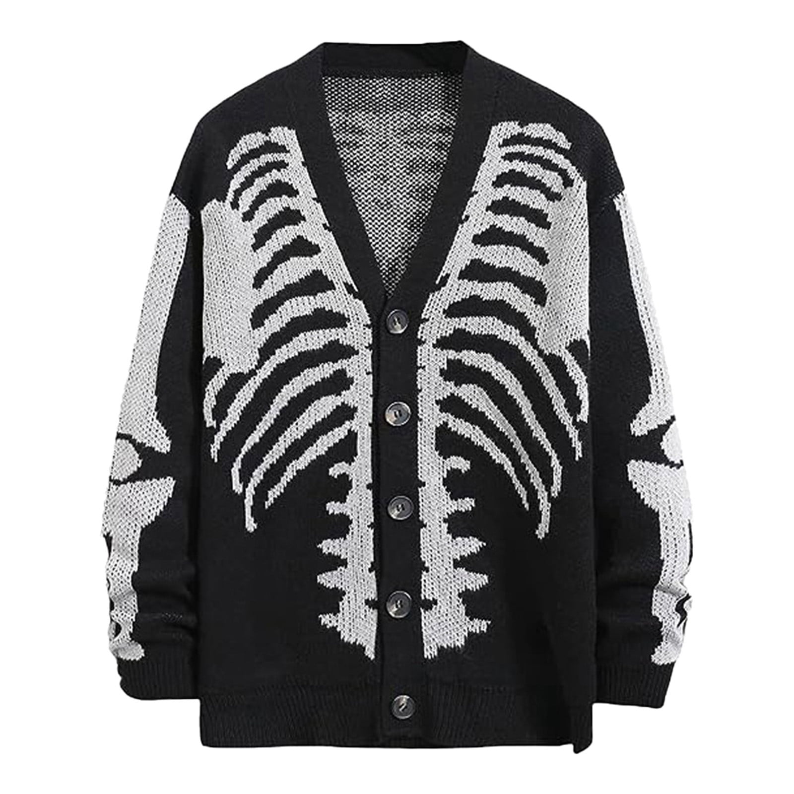 Yzengfg Unisex Knitted Cardigan Sweater Skeleton Intarsia Autumn