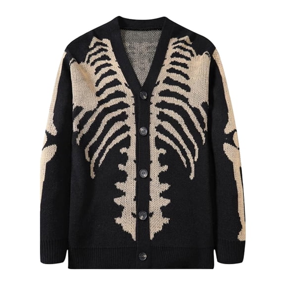 Yzengfg Unisex Knitted Cardigan Sweater Skeleton Intarsia Autumn Winter Outerwear E