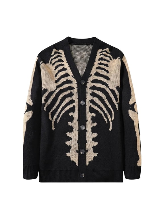 Unisex Knitted Cardigan Sweater Skeleton Intarsia Autumn Winter Outerwear E