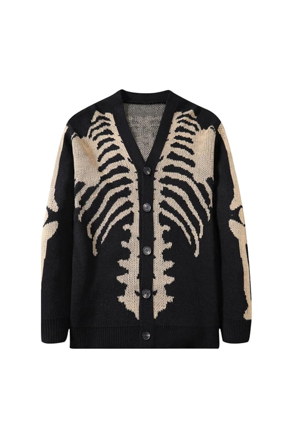 Unisex Knitted Cardigan Sweater Skeleton Intarsia Autumn Winter Outerwear E