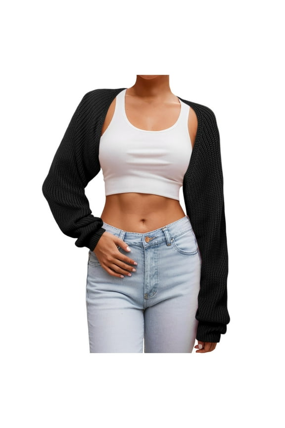 Women Knit Long Sleeve Bolero Cardigans Cropped Arm Sleeves Shawl Sweater Going Out Black
