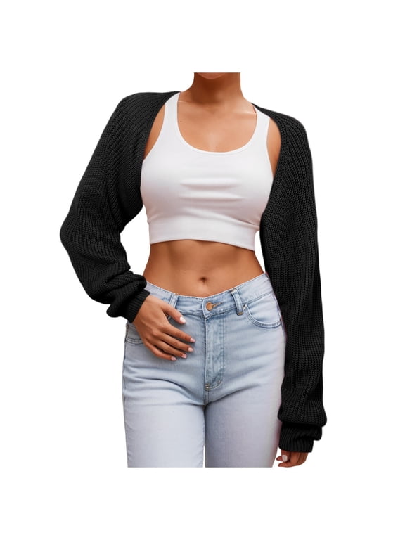 Women Knit Long Sleeve Bolero Cardigans Cropped Arm Sleeves Shawl Sweater Going Out Black