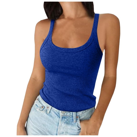 Yzengfg Women Spaghetti Strap Scoop Neck Ribbed Tank Tops Slim Fitted Cotton Camisole Basic Sleeveless Layering Shirts Blue