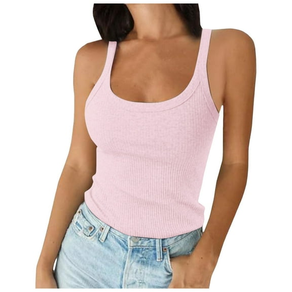 Yzengfg Women Spaghetti Strap Scoop Neck Ribbed Tank Tops Slim Fitted Cotton Camisole Basic Sleeveless Layering Shirts Pink