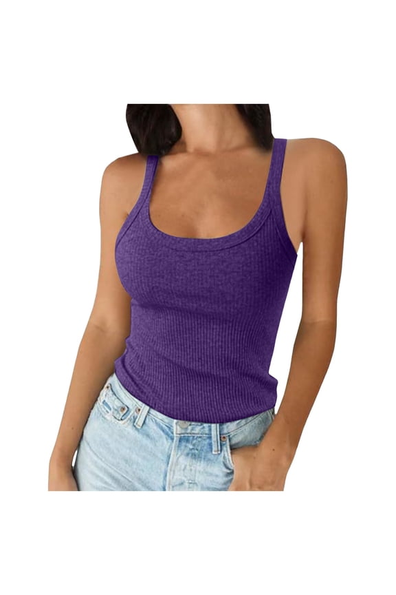 Women Spaghetti Strap Scoop Neck Ribbed Tank Tops Slim Fitted Cotton Camisole Basic Sleeveless Layering Shirts