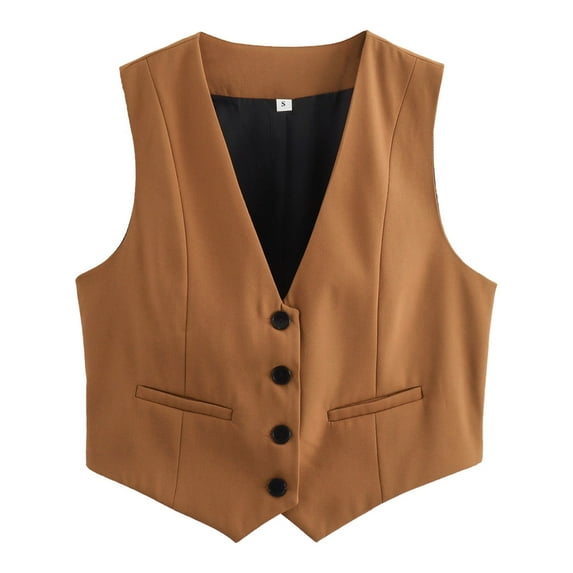 Yzengfg Women's Cropped Suit Vest Dressy V Neck Button Down Jacket Brown