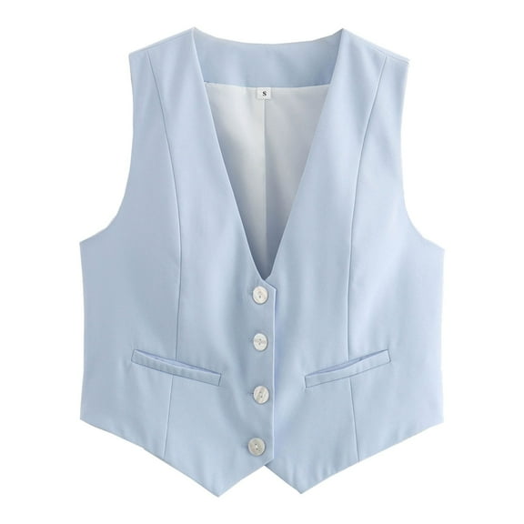 Yzengfg Women's Cropped Suit Vest Dressy V Neck Button Down Jacket Light Blue