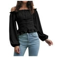 thumbnail image 1 of Yzengfg Women's Solid Color Front Tie Sleeve Off Shoulder Waist Short Chiffon Top Long Sleeve Blouse Black, 1 of 4