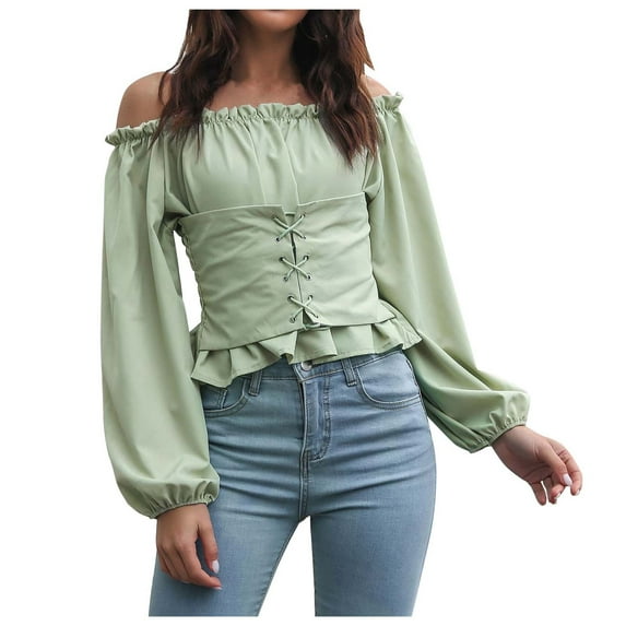 Yzengfg Women's Solid Color Front Tie Sleeve Off Shoulder Waist Short Chiffon Top Long Sleeve Blouse Green