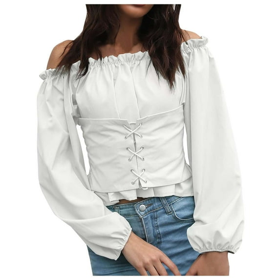 Yzengfg Women's Solid Color Front Tie Sleeve Off Shoulder Waist Short Chiffon Top Long Sleeve Blouse White