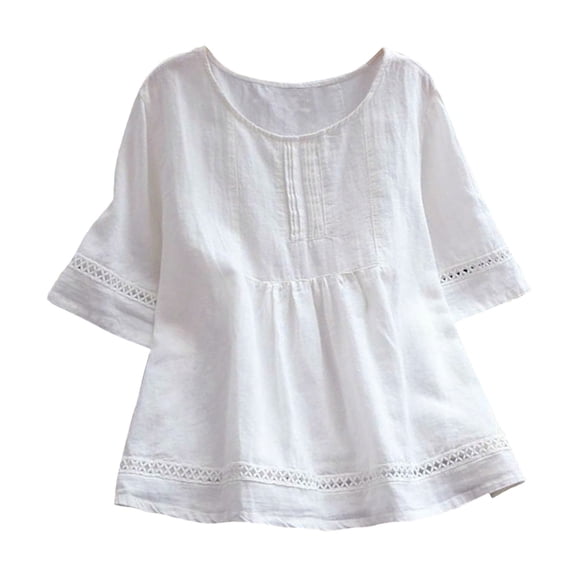 Yzengfg Womens Round Neck Half Sleeve Top T Shirt Solid Color Top Half Sleeve Splicing Shirt Hollow Top White