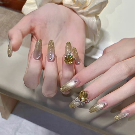 Z-278 champagne crystal diamond fake nail long glitter cat eye glitter bow 24 pieces wear nail wholesale