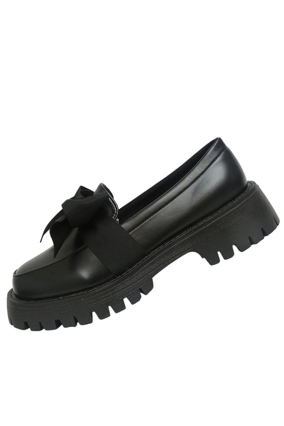 Z-566 Black Women Fashionable Everyday Plain Round Tip Square Heel Ribbon Chunky Heel Low Top Thick Sole Slip-Ons