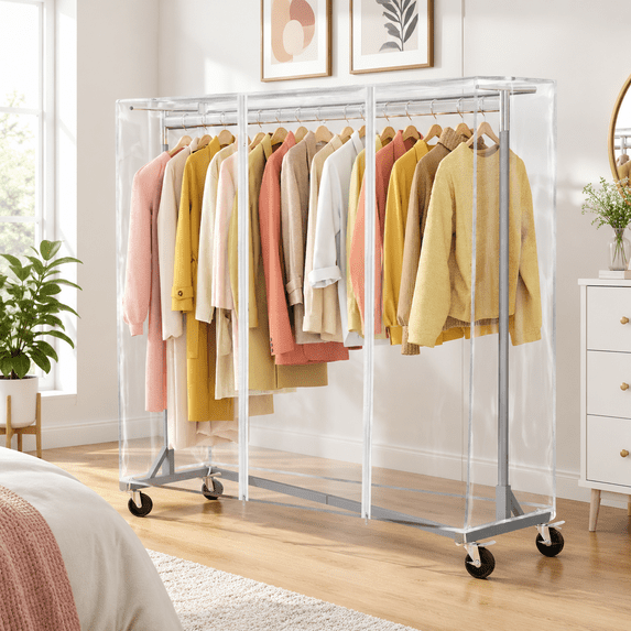 Z-Base Metal Clothes Rack with Grey Dustproof Cover, Rolling Wheels for ...