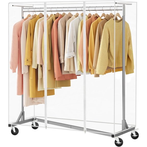 Z Clothes Rack with Cover, Metal Heavy Duty Clothing Rack, Rolling Garment Rack with Wheels, with Cover Protector, with 2 Durable Zippers, for Clothes, Grey