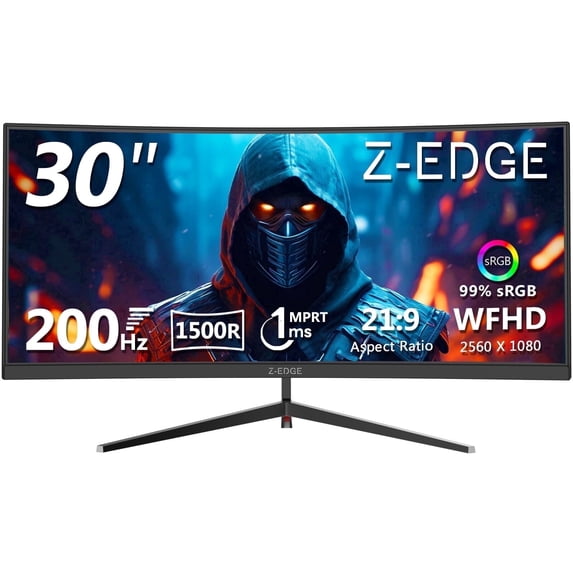 Z-Edge 30" Curved Gaming Monitor, WFHD1080P 200Hz Monitor, MPRT 1ms, 21:9 Aspect Ratio, 1500R Curved, 3000:1 Contrast, UG30 PIP-PBP, 2X DP 1.4 Ports and 2X HDMI 2.0 Port