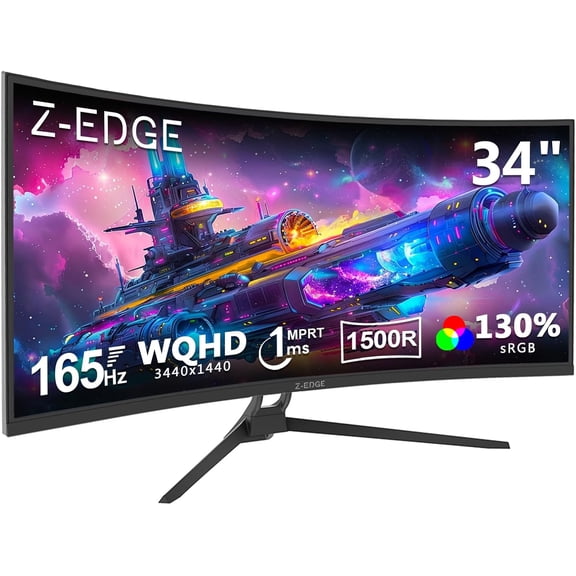 Z-EDGE 34 Inch 165Hz Curved Gaming Monitor, WQHD 1440P VA Display, 1ms MPRT, AMD FreeSync, HDR Support, VESA Mount Compatible, Black