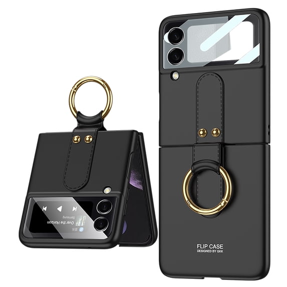 Z Flip 3 Case with Ring, Allytech Hard Matte PC Back Cover Ultra Thin Shockproof Protective Ring Stand Anti-Drop Build-in Front Glass Cover Case for Samsung Galaxy Z Flip 3 2021, Black