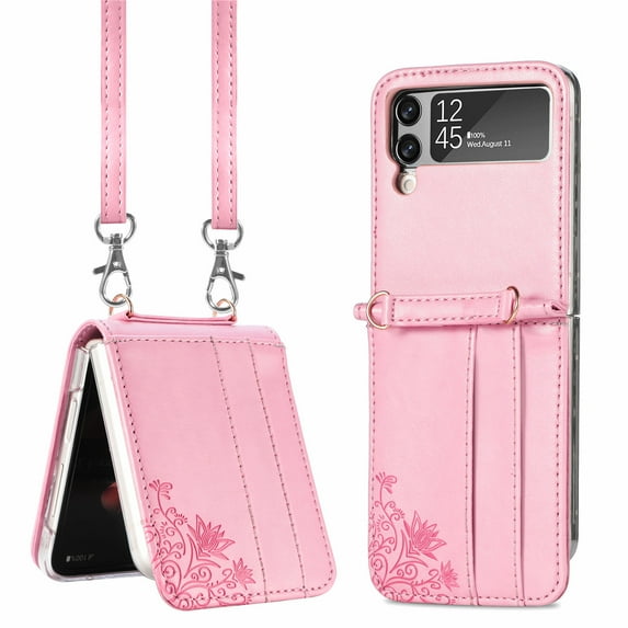 Z Flip 4 Case, Galaxy Z Flip 4 Wallet Case, Allytech Premium PU Leather Protection Wallet Case with Cards Holders Shoulder Strap Phone Cover Case for Samsung Galaxy Z Flip 4 2022 5G - Pink