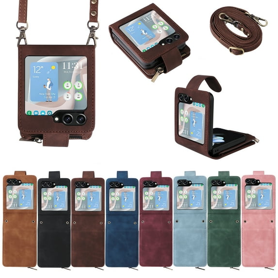 Z Flip 5 Case, Dteck for Samsung Z Flip 5 Case Wallet with Card Holder Zipper Pocket with Crossbody Adjustable Strap Soft PU Leather Protective Case Cover for Samsung Galaxy Z Flip5 5G,
Coffee