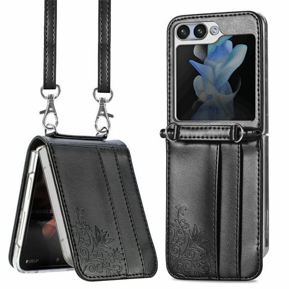Z Flip 5 Case, Galaxy Z Flip 5 Wallet Case, Allytech Premium PU Leather Protection Wallet Case with Cards Holders Shoulder Strap Phone Cover Case for Samsung Galaxy Z Flip 5 2023 5G - Black