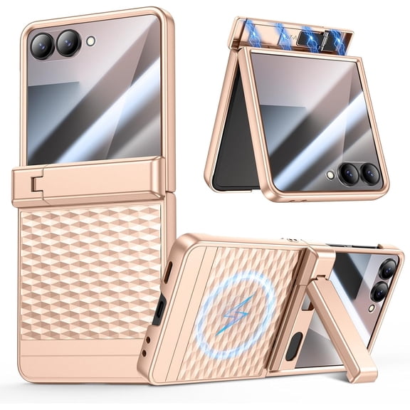for Z Flip 7 Case, Compatible with MagSafe, Hinge Protection Case with Kickstand & Camera Screen Protector, Magnetic Slim Anti-Scratch Girly Women Cute Cover for Samsung Galaxy Z Flip 7 - Rose Gold