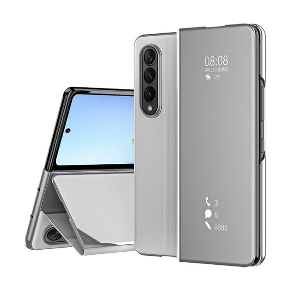 Z Fold 3 5G Case Compatible with Samsung Galaxy Z Fold3 5G Cell Phone Case with Kickstand, PU Leather, Clear View Mirror Flip Cover Shockproof Protective Cover for Samsung Z Fold 3 5G 2021, Silver