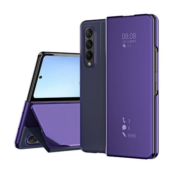 Z Fold 3 5G Case Compatible with Samsung Galaxy Z Fold3 5G Cell Phone Case with Kickstand, PU Leather, Clear View Mirror Flip Cover Shockproof Protective Cover for Samsung Z Fold 3 5G 2021, Purple