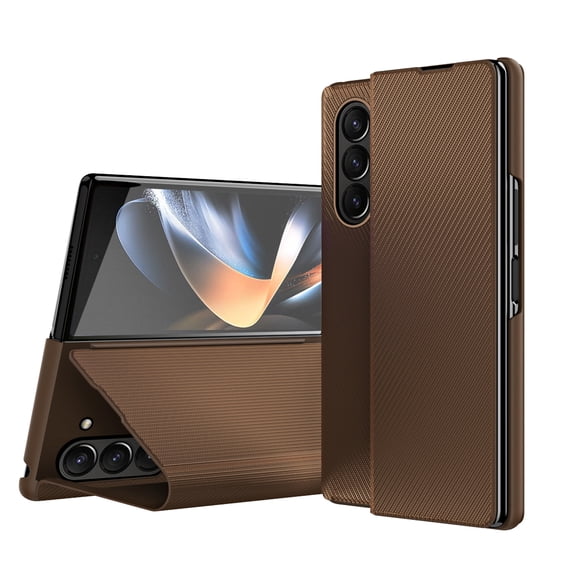 for Z Fold 3 Case with Full Cover Protection, Carbon Firber Patterned Case with Folded Kickstand & Premium PU Leather Protective Phone Case for Samsung Galaxy Z Fold 3, Brown