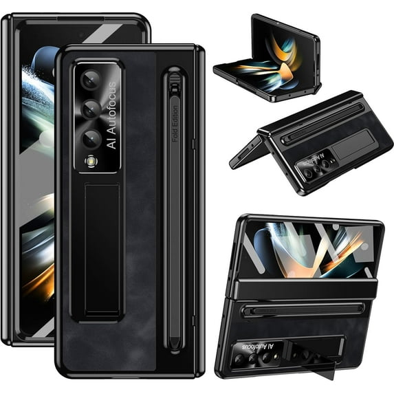 Z Fold 4 Case - Leather Soft Touch Case with Kickstand, Lens Protection, S Pen Holder, Hinge Protection, and Screen Protector - for Samsung Galaxy Z Fold 4 5G (Black)