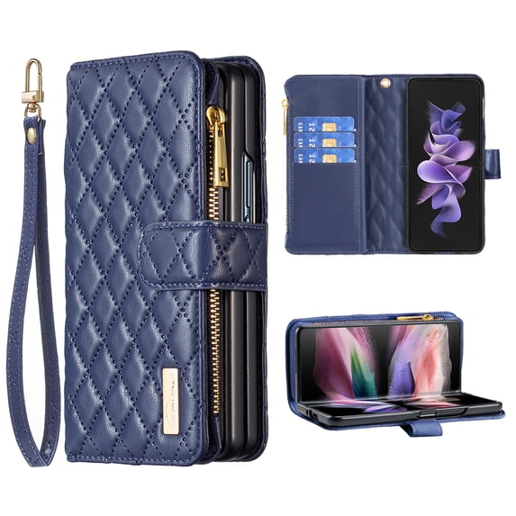 for Z Fold 4 Women Wallet Case, Magnetic Leather Purse Zipper Wallet Folio Flip Credit Card Coin Case Stand with Wristp Hand Strap Lanyard Compatible with Samsung Galaxy Z Fold 5 5G 2022, Blue