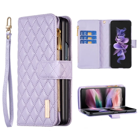 for Z Fold 4 Women Wallet Case, Magnetic Leather Purse Zipper Wallet Folio Flip Credit Card Coin Case Stand with Wristp Hand Strap Lanyard Compatible with Samsung Galaxy Z Fold 5 5G 2022, Purple