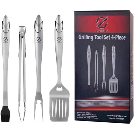 Z GRILLS Heavy Duty BBQ Grilling Tools Set Stainless Steel Spatula, Fork, Basting Brush & Tongs Barbecue Accessories Kit-Grill