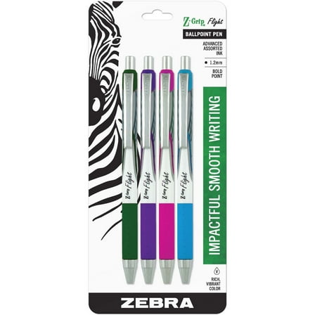 Zebra Pen Z-Grip Flight Retractable Ballpoint 1.2mm Fashion 4PK