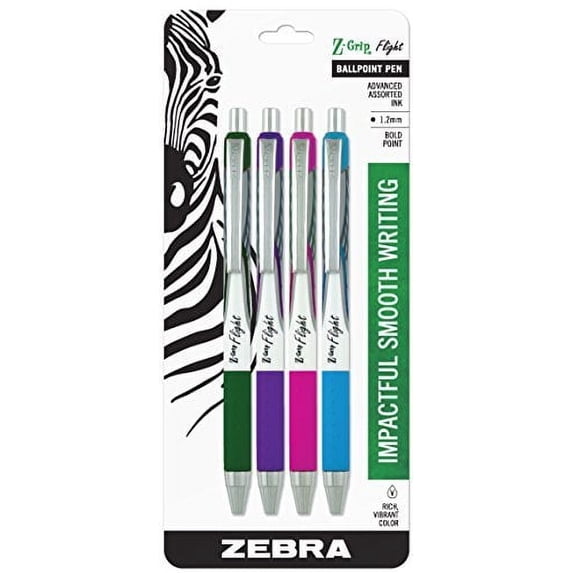 Zebra Pen Z-Grip Flight Retractable Ballpoint Pen, Bold Point, 1.2mm, Assorted Fashion Colors, 4-Count